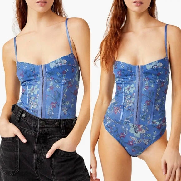 Free People NEW Floral Mesh Bodysuit Blue Small - Picture 1 of 12